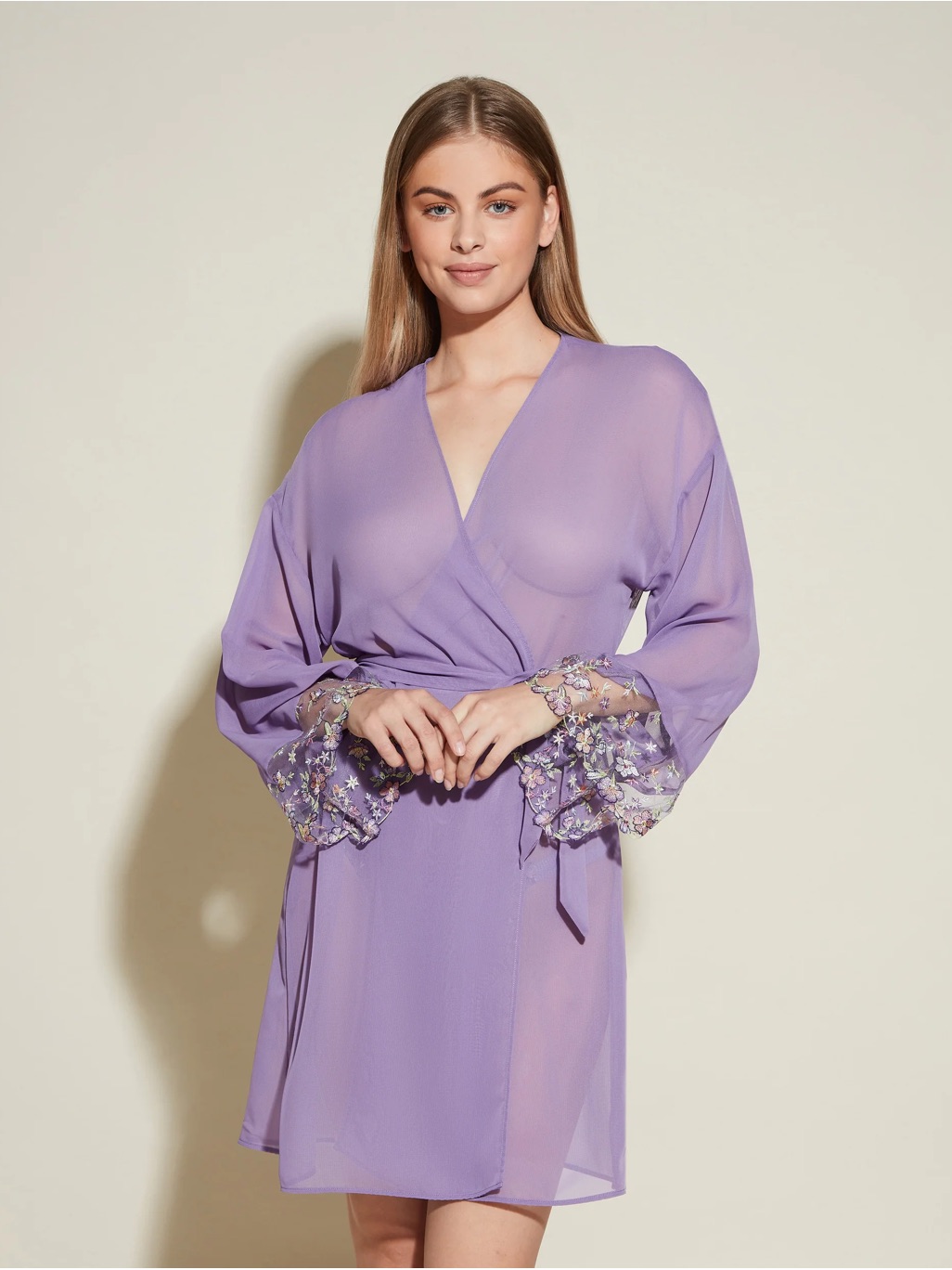 Nwt Cosabella Abri Robe Sheer Lavender Floral-Trim Robe Himalayan Sky Size S
